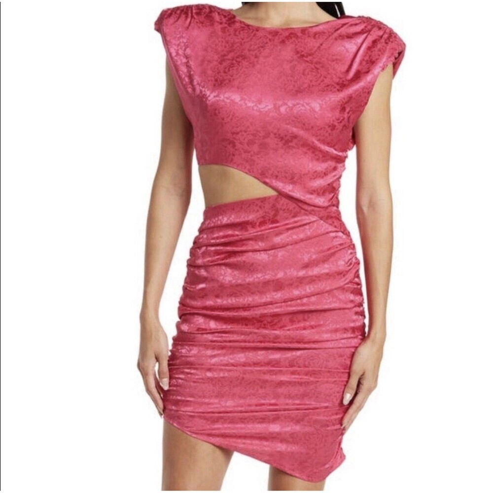 RONNY KOBO Kyle Asymmetric Cutout Ruched Jacquard Barbie Pink Dress XL $368 NWT